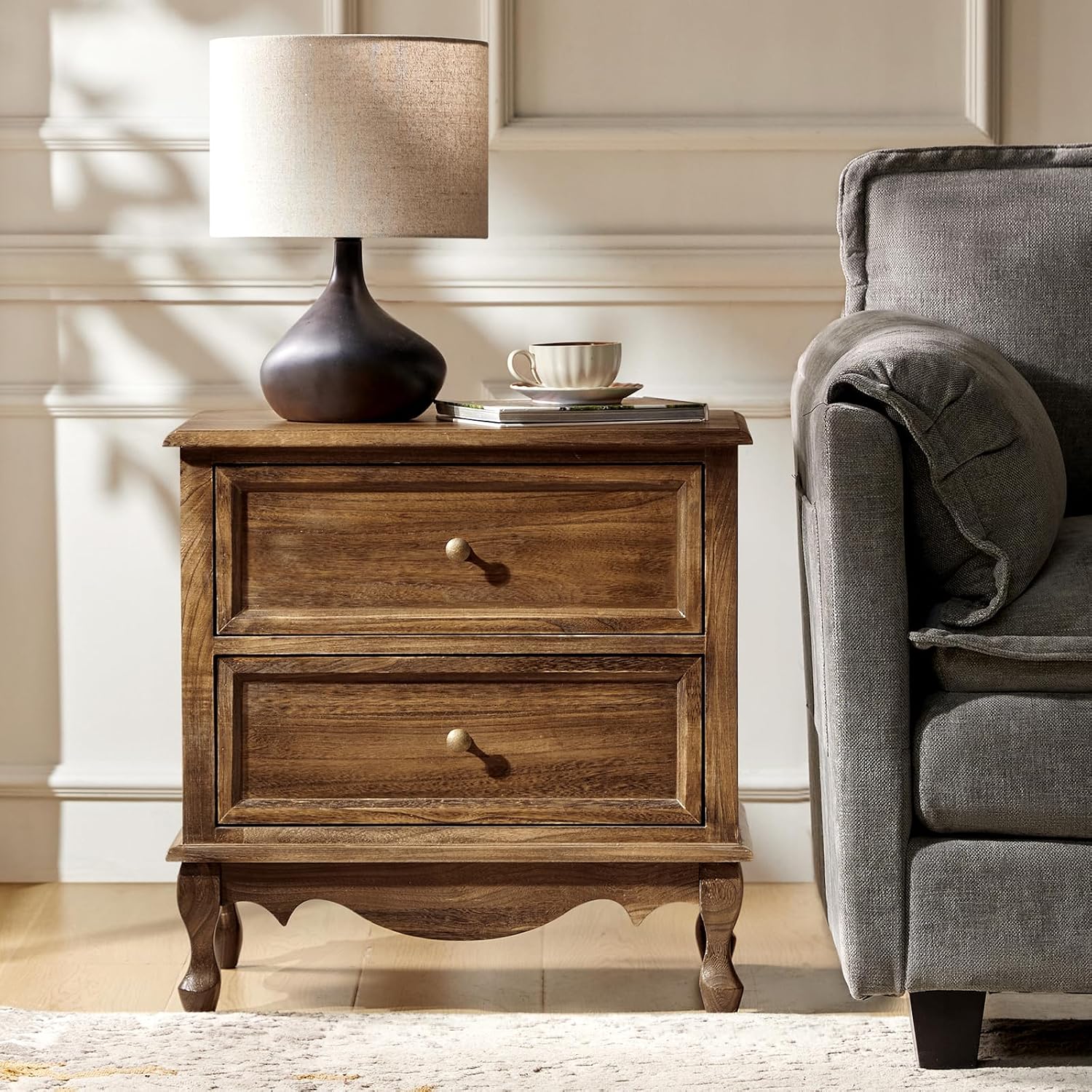 HULALA HOME Solid Wood End Table with Charging Station Space, Vintage Endtable with Wood Legs and 2 Drawers, French Side Table for Living Room，Walnut
