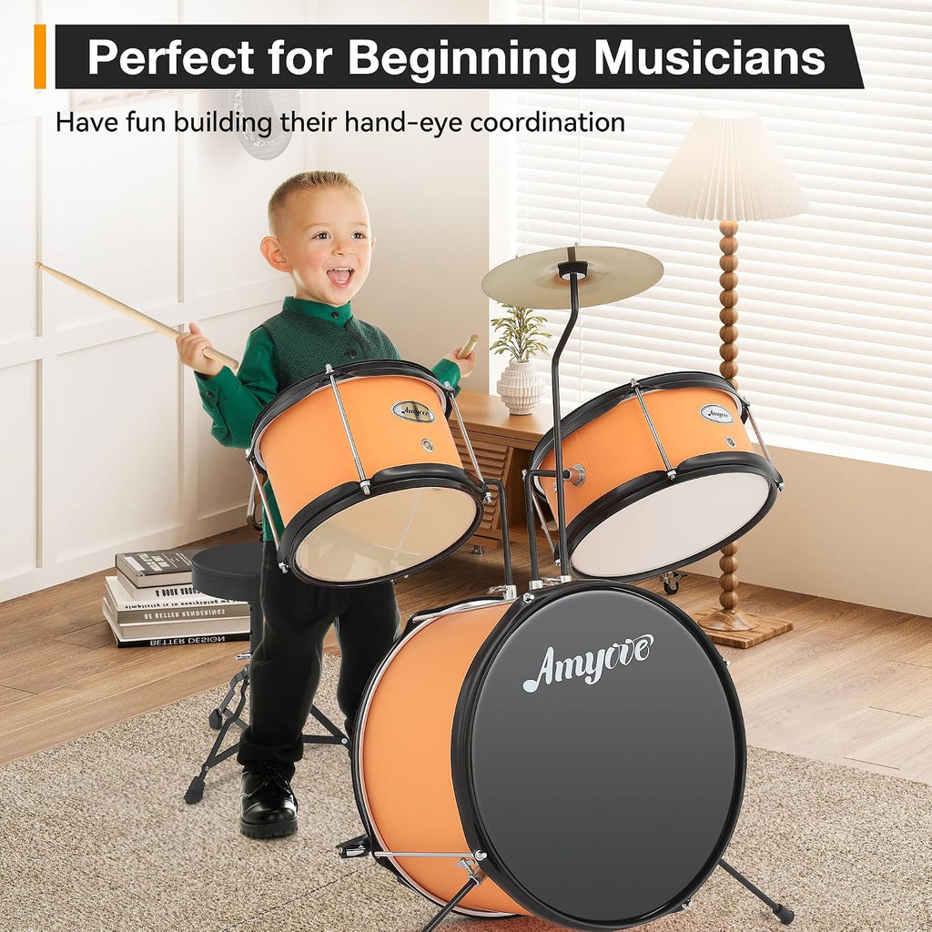 3-Piece Beginner Drum Set, Beginner Drum Set,with Bass Tom Snare Drum, 14 Inch Drum Kit with Snare, Cymbal, Drumsticks, Adjustable Seat (Yellow)