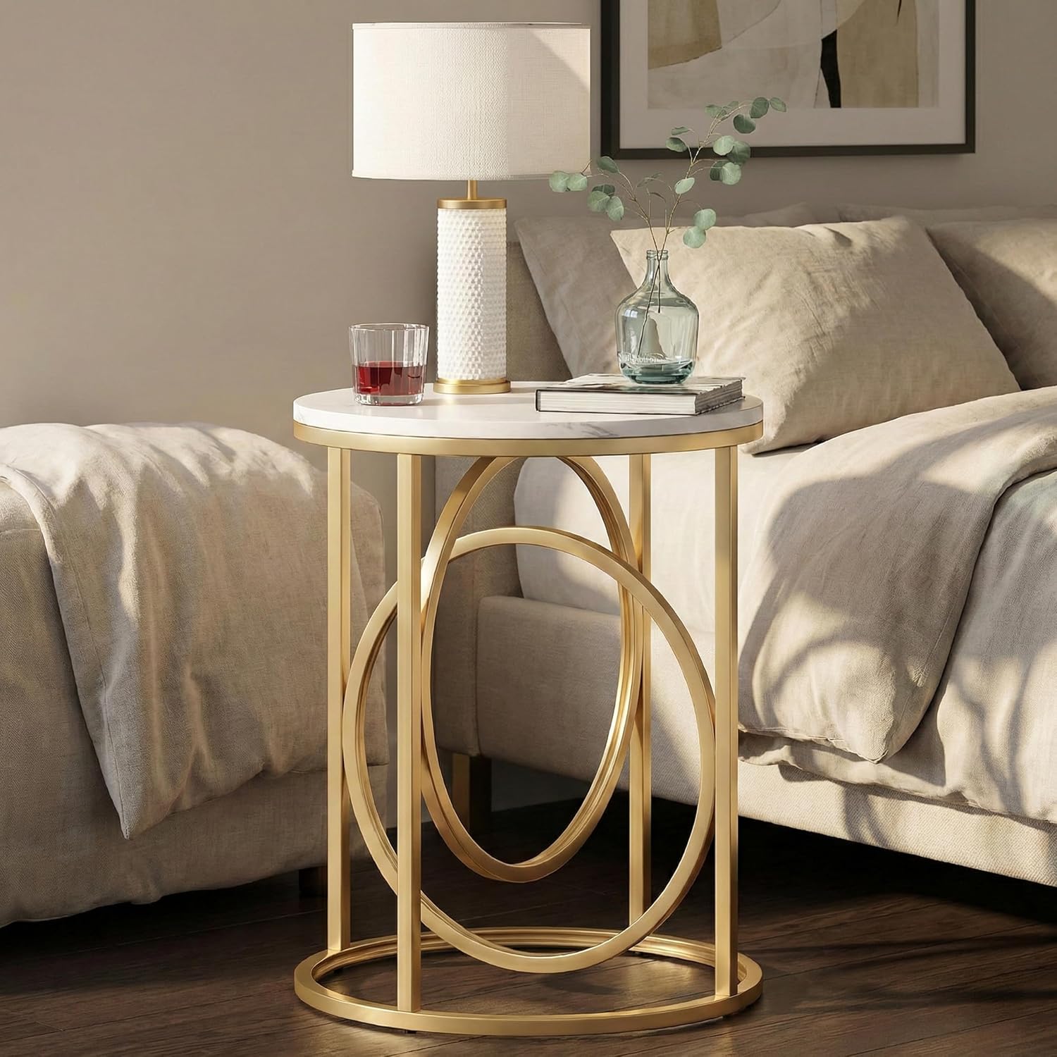 LITTLE TREE 20' Round End Table，Modern Sofa Side Table with Gold O-Shaped Base, Faux Marble White Cocktail Table Accent Table Nightstand for Living Room Bedroom, 2PCS