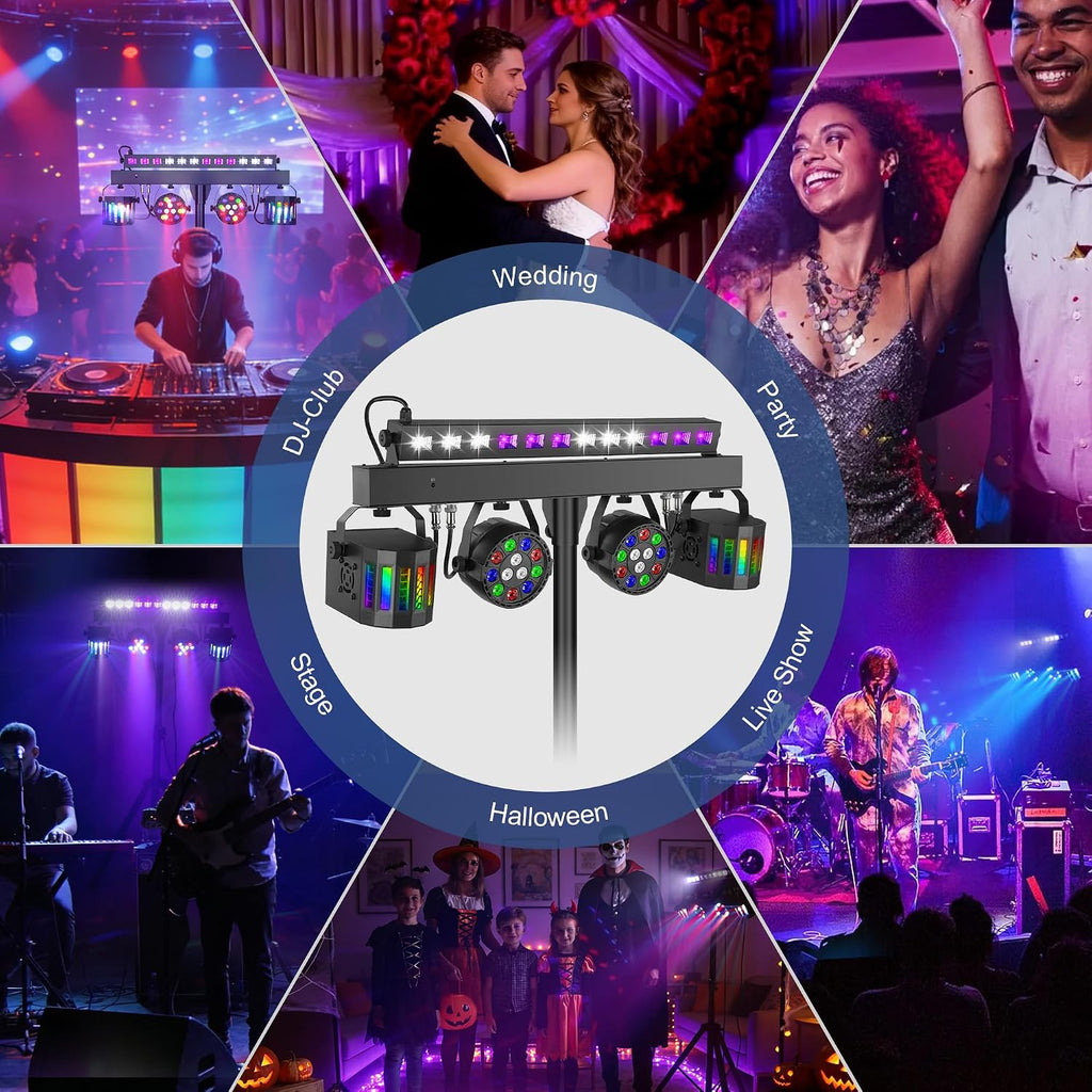 DJ Lights with Stand for Party | All-in-One LED Stage Lighting System for Weddings Club Gig Bar Band Disco Booth Live Show Events | Sound Activated & DMX512 | Portable 7FT Tripod