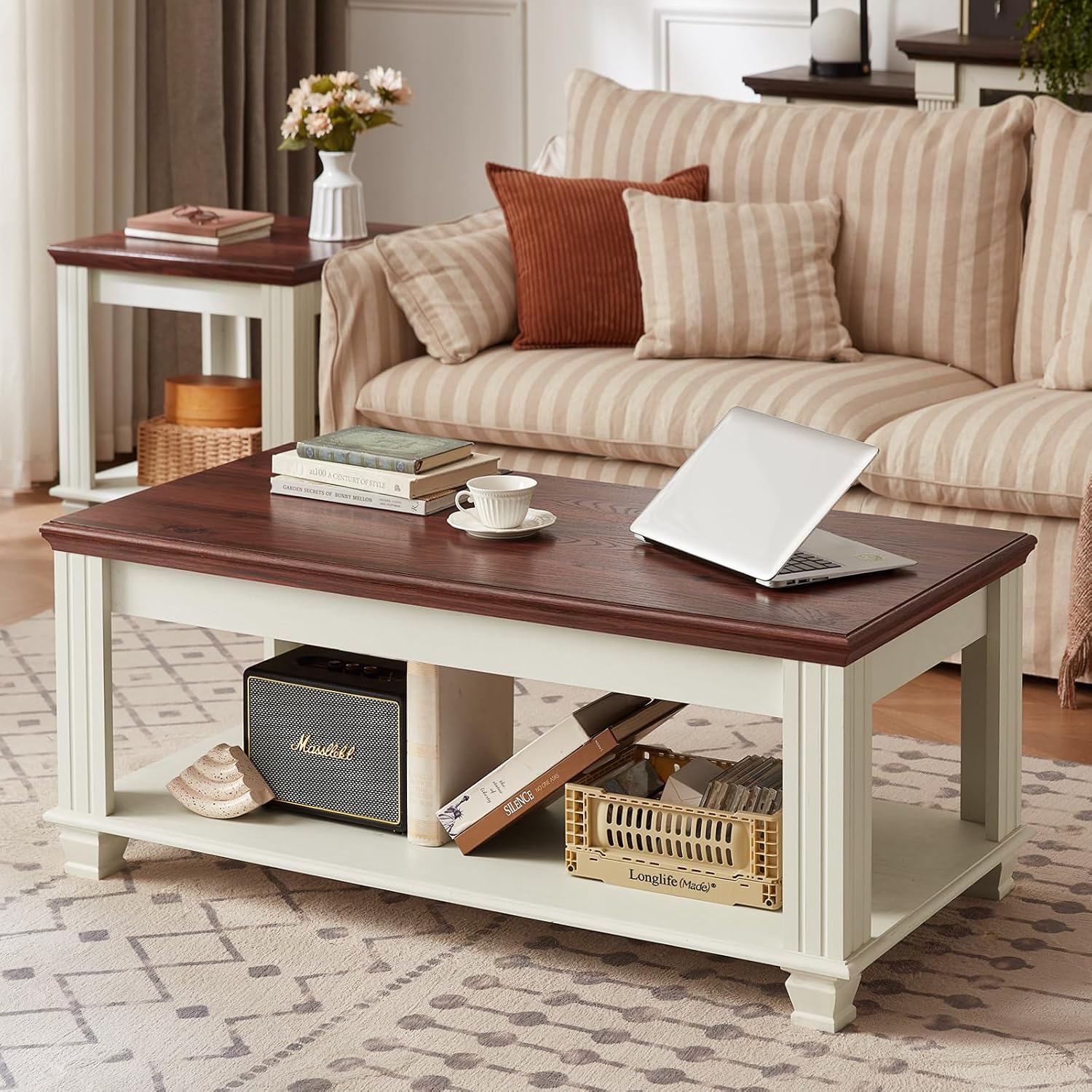 SAVOR LIFE Farmhouse Coffee Tables for Living Room,Square Tea Table with Open Storage Shelf,Large Coffee Table,Rustic Wooden Center Table,White