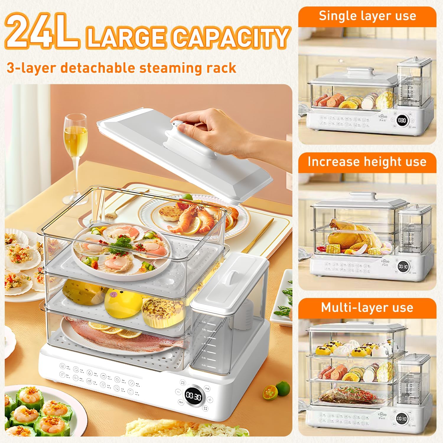 24L/25QT Electric Steamer, 3 Tier Food Steamer, Commercial Stainless Steel Steamer with Detachable Water Tank, Large Capacity Breakfast Machine with Timer, for Home, Restaurant, Party