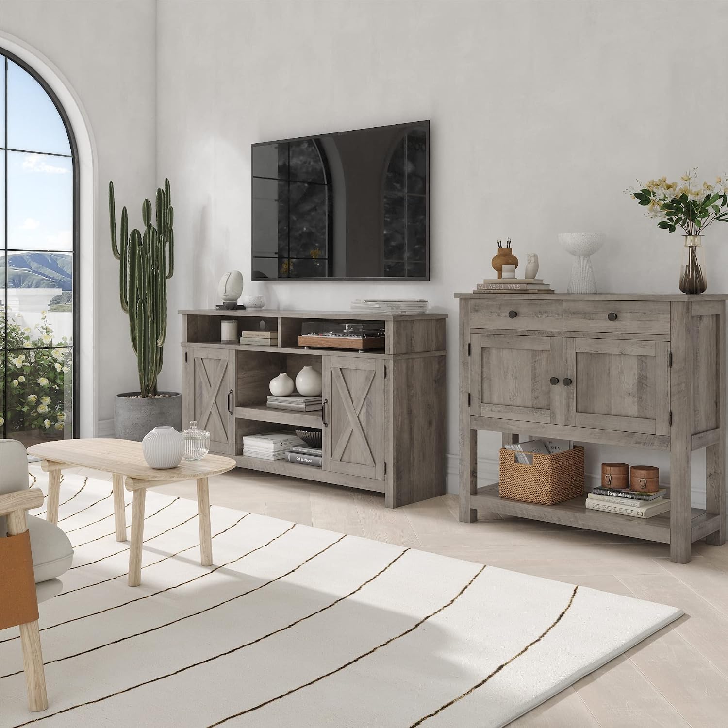 HOSTACK Farmhouse Console Table with 2-Door Cabinet & 2 Drawers, Coffee Bar, Entryway Table with Storage Shelf, Sofa Tables Buffet Sideboard for Kitchen, Hallway, Dining, Living Room, Ash Gray