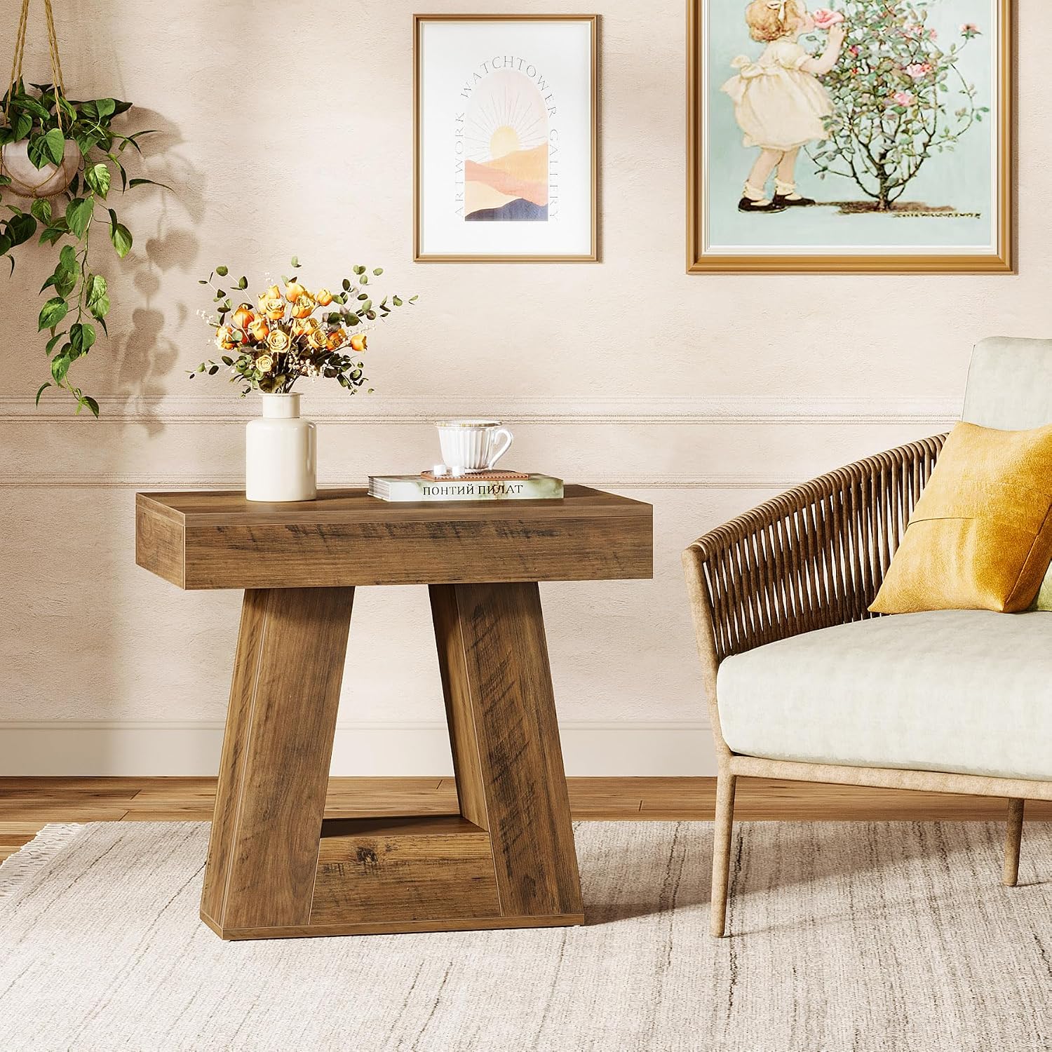 Tribesigns 24' Modern Side Table, 2-Tier Narrow Wooden End Table with Trapezoid Base, Farmhouse Small Nightstand for Living Room, Bedroom (1, Brown)