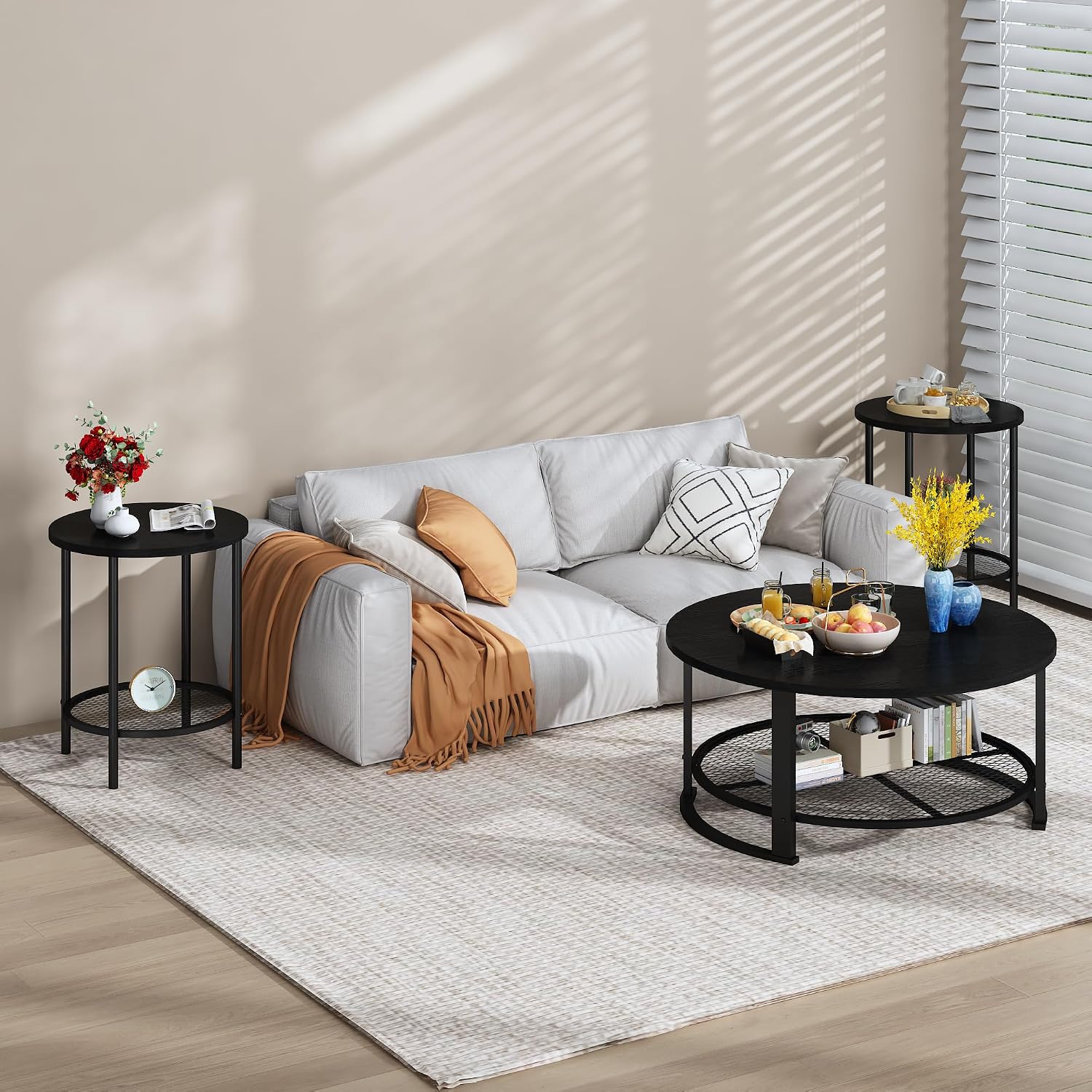 Recaceik Round Coffee Table and End Table Set of 3 with Storage, Modern Vintage Black Coffee Table and Side Table for Living Room, Office, Apartment, Small Space