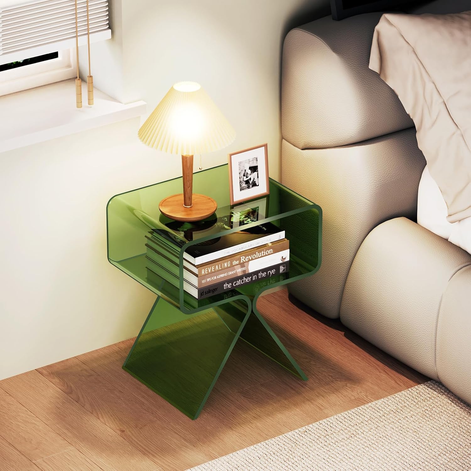 Acrylic Nightstand Side Table Modern Design Clear Home Decor Display End Table for Living Room (Green)
