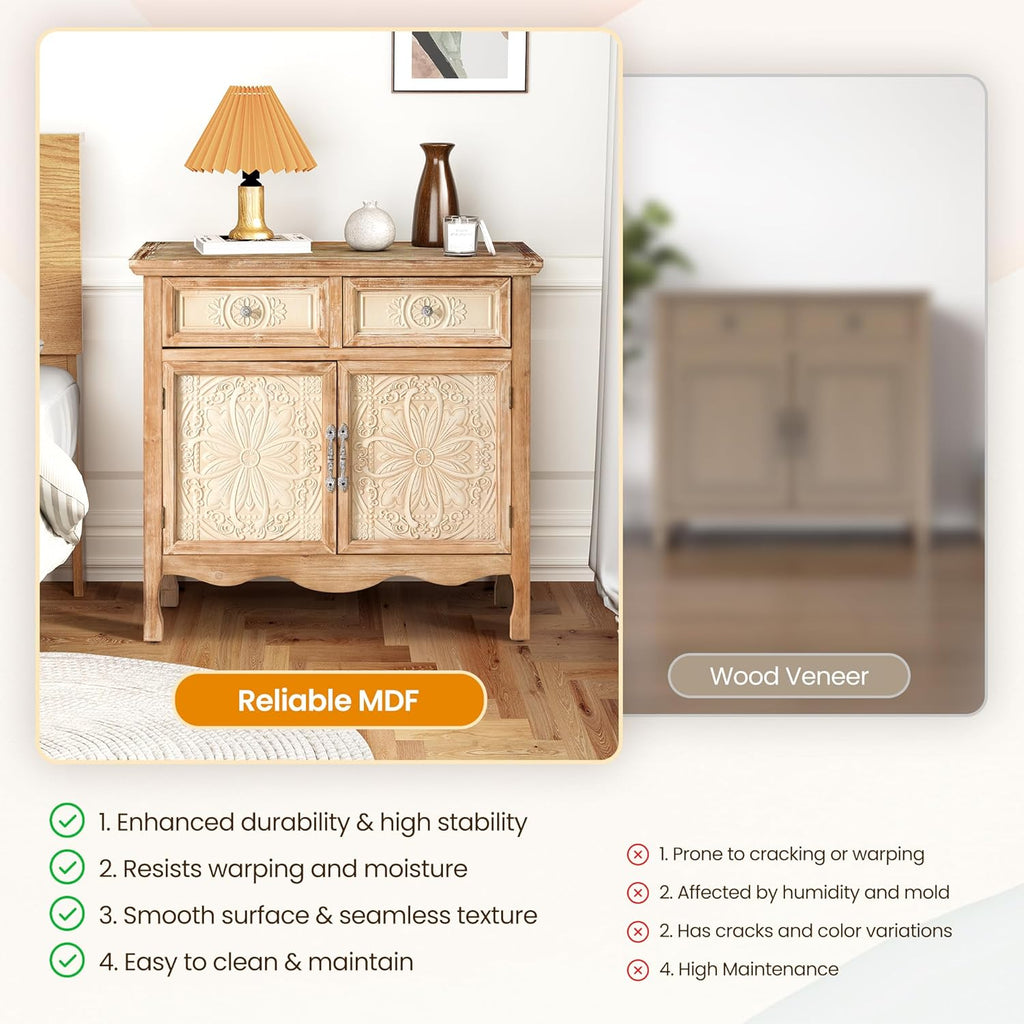 RoyalCraft Solid Wood Nightstand, Vintage Side Table with 2 Doors and 2 Drawers, Large End Table with Storage, Bedside Table for Bedroom, Living Room, French Romance Design, (Natural)
