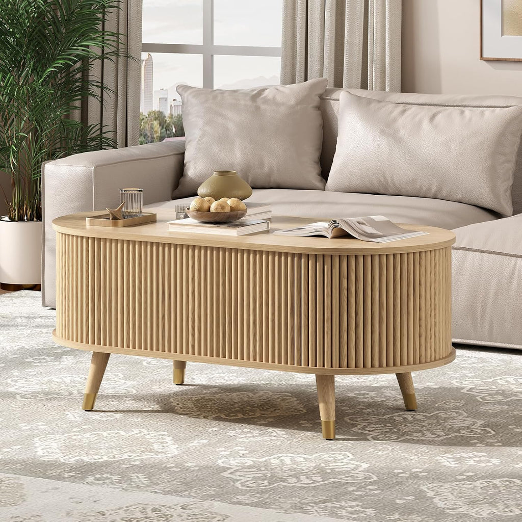 Oval Lift Top Coffee Table with Storage, 42.5' Fluted Coffee Table with Lifting Top & Solid Wood Legs, Mid Century Modern Center Table for Living Room, Home Office, Oak