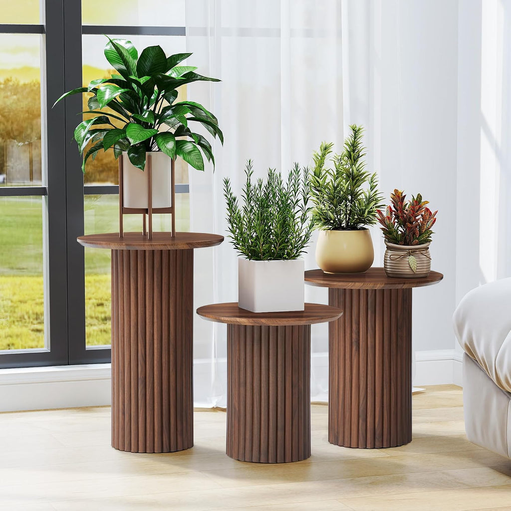 Bifins Round Nesting Coffee Table Set of 3,Mid Century Modern Fluted Coffee and End Table Set,Small Circle Wooden Side Table Drink Table for Living Room (Walnut)
