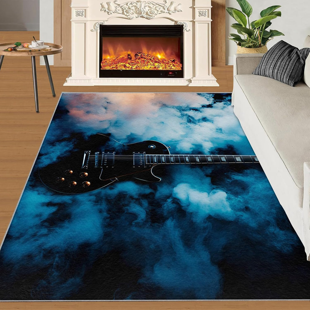 Guitar Rug for Bedroom 5x6 Rug Electric Guitar Rugs, Rock Music Theme Home Decor, Non Slip Washable Large Rugs, Musical Instrument Carpet for Boys and Girls Teen Playroom