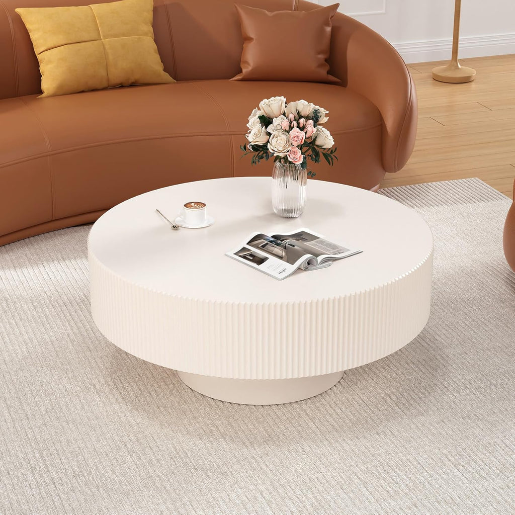 Modern Fluted Round Coffee Table - Handcraft Wooden Drum Coffee Tables with Sturdy Base, Circle Coffee Table Center Tea Table for Living Room Office Apartment Small Space, Easy Assembly(White 30.9')