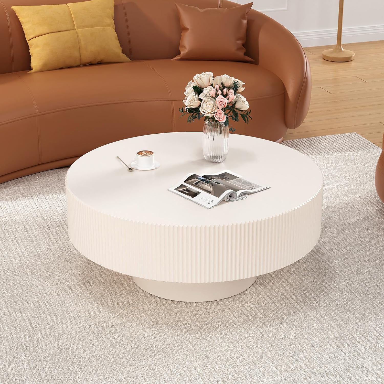 Modern Fluted Round Coffee Table - Handcraft Wooden Drum Coffee Tables with Sturdy Base, Circle Coffee Table Center Tea Table for Living Room Office Apartment Small Space, Easy Assembly(White 30.9')