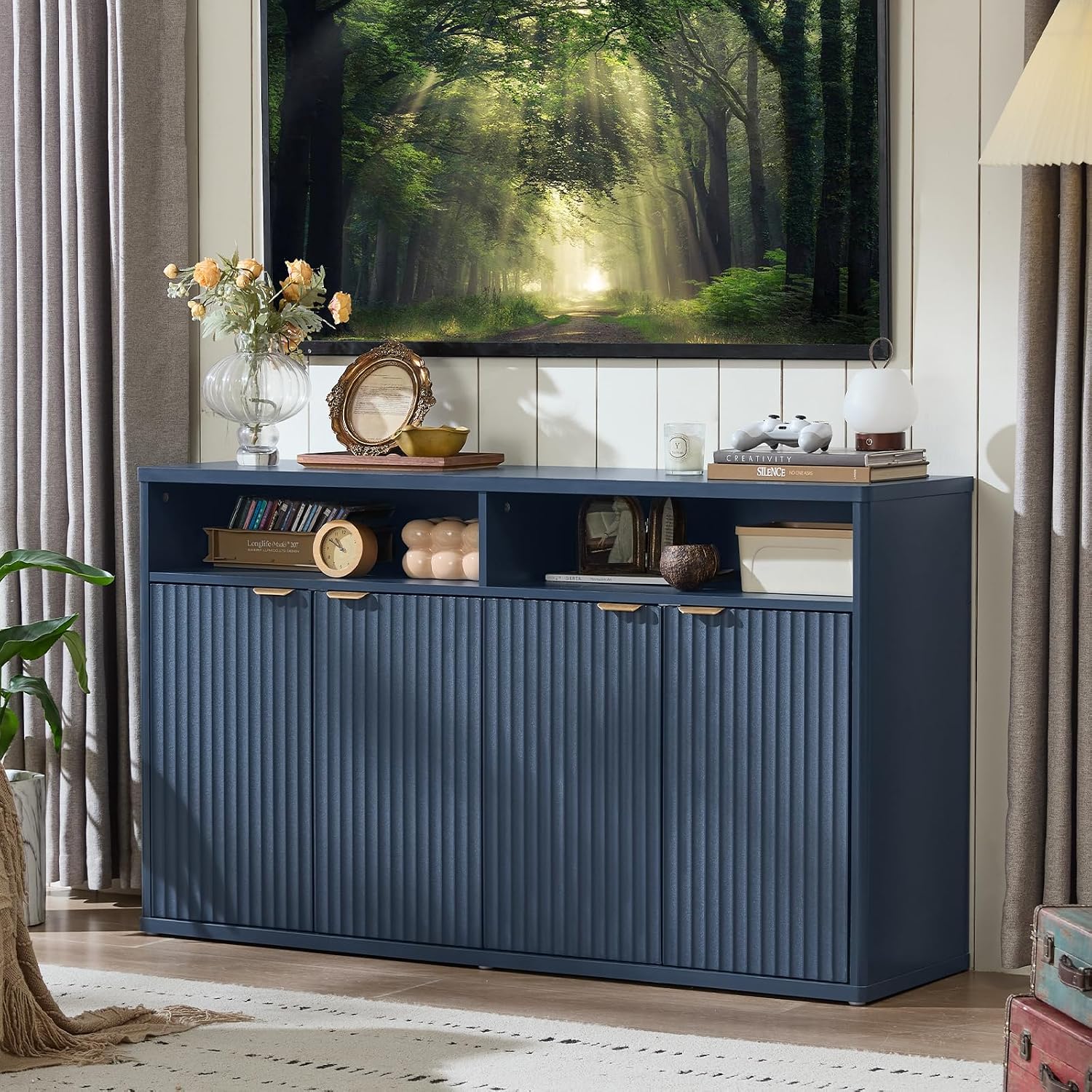 LEYAOYAO Fluted Buffet Cabinet with Storage, 55' Wide Wood Sideboard Credenza with 4 Doors & Open Storage Shelf, Modern Kitchen Console Accent Cabinets, Coffee Bar Table for Dining Room, Dark Blue