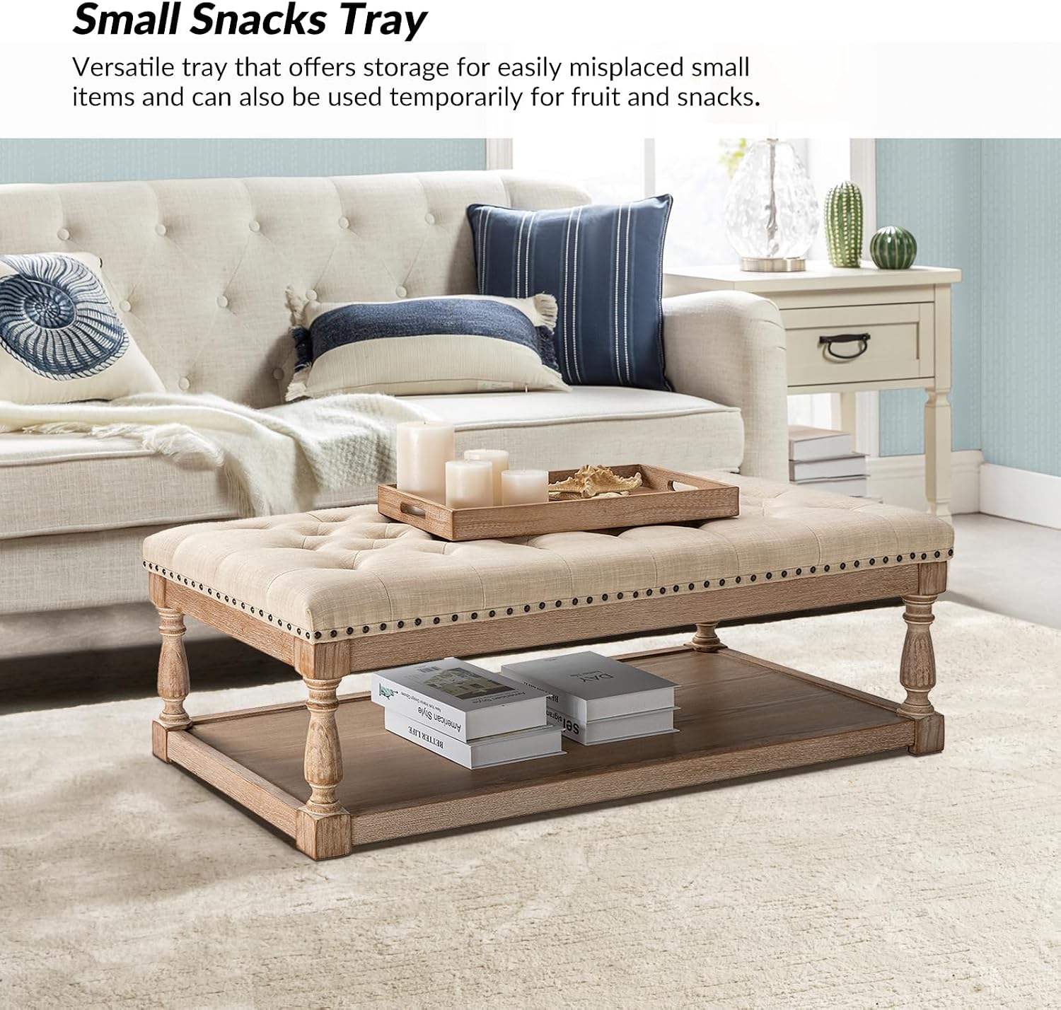 HULALA HOME Rectangle Ottoman Coffee Table with Tray, Tufted Living Room Ottoman with Solid Wood Storage Shelf, Linen