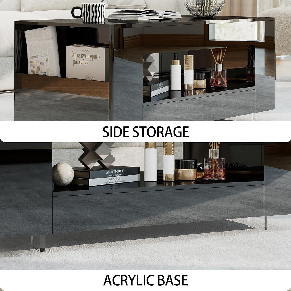 Glossy Coffee Table with Open Shelf Storage - High Gloss Modern Cocktail Table for Living Room, Bedroom, Office