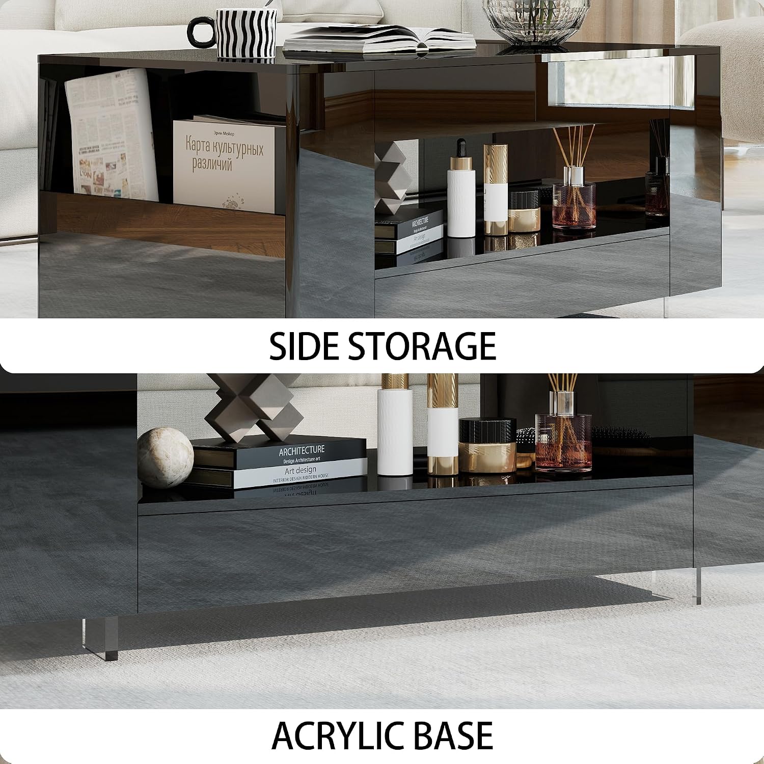 Glossy Coffee Table with Open Shelf Storage - High Gloss Modern Cocktail Table for Living Room, Bedroom, Office