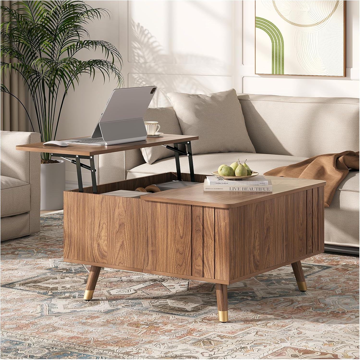 Square Coffee Table with Lift-Top & Flip-Top Storage, 36' Functional Modern Accent Center Table with Solid Wood Legs, Rustic Walnut Coffee Tables for Living Room Small Space or Office