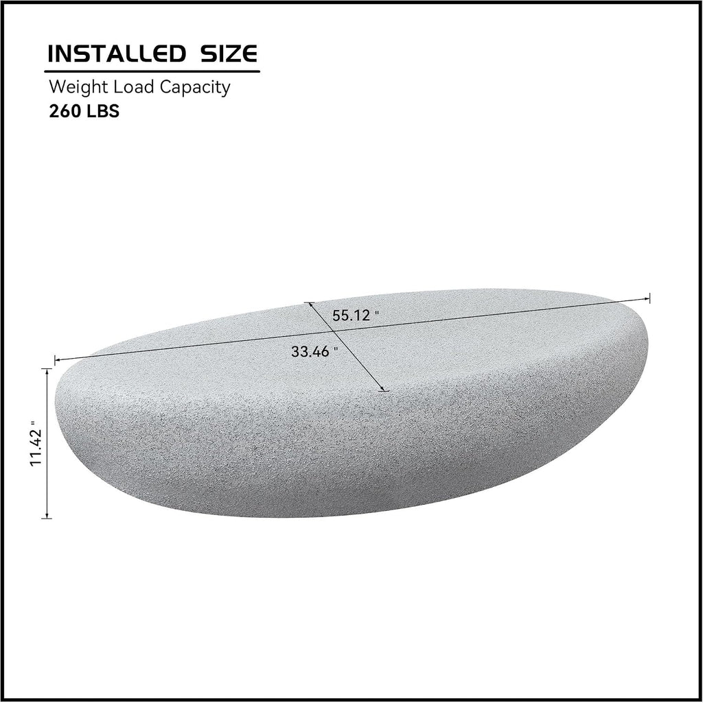 55.12' Modern Faux Stone Coffee Table for Living Room, Fiberglass Minimalist Accent Center Table, Oval Stone Tea Table for Office, Apartment, No Need Assembly, Rock Grey