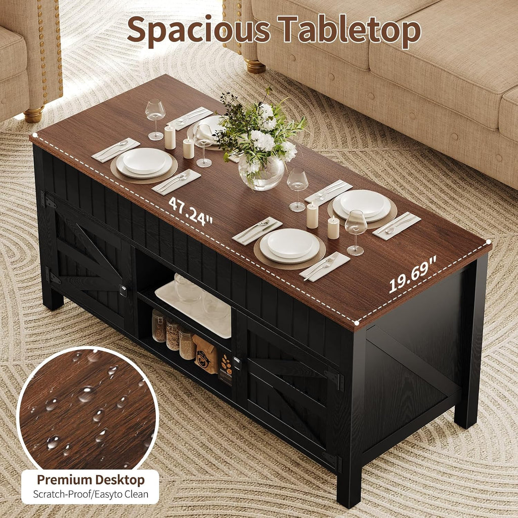 47.3' Lift Top Coffee Table with Storage - Black Coffee Tables for Living Room, Farmhouse Wood Center Table, Large Rectangle Middle Tables with Hidden Compartment & Adjustable Shelf