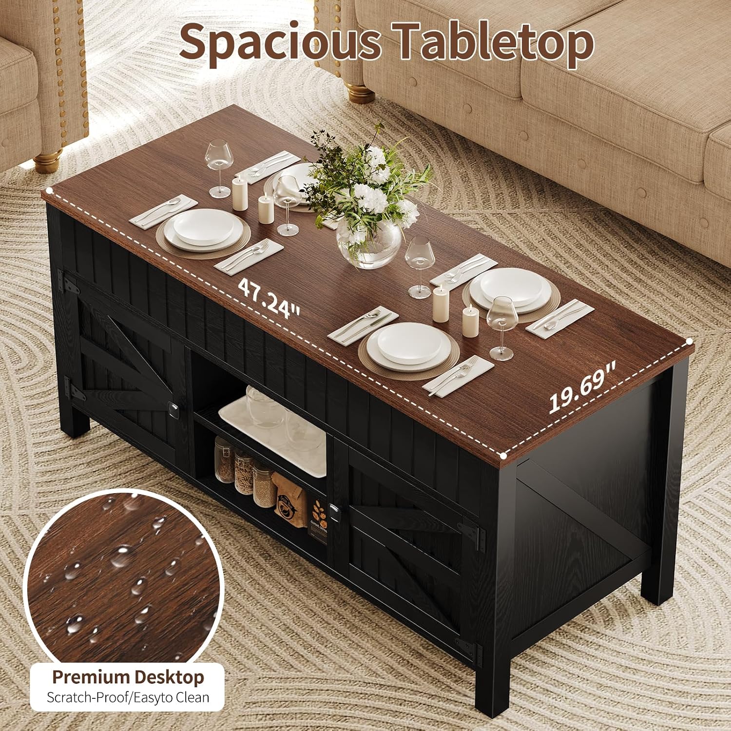 47.3' Lift Top Coffee Table with Storage - Black Coffee Tables for Living Room, Farmhouse Wood Center Table, Large Rectangle Middle Tables with Hidden Compartment & Adjustable Shelf