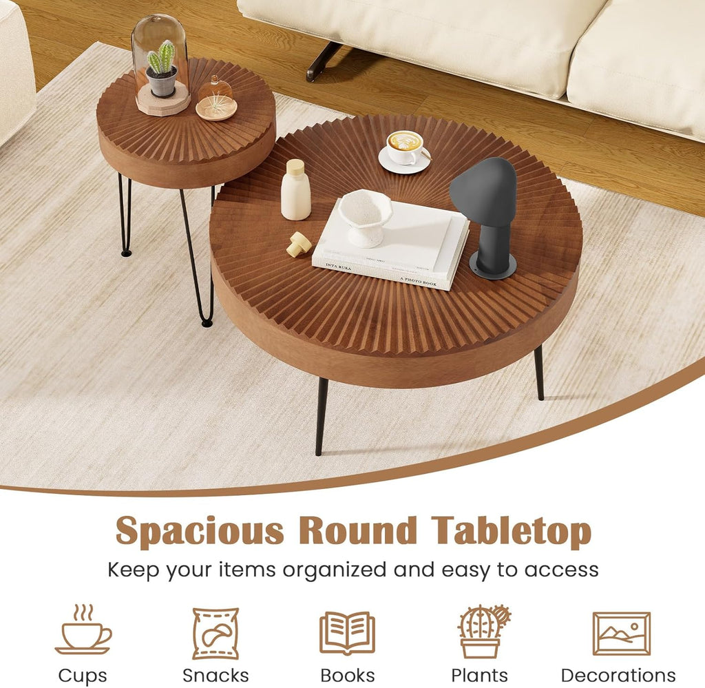 COSTWAY Farmhouse Round Coffee Table Set of 2, Rustic Sofa Side Tea Tables w/Wood Finish, Metal Frame, Adjustable Foot Pads, Nesting End Table Set for Living Room, Bedroom (Radial Pattern, Brown)
