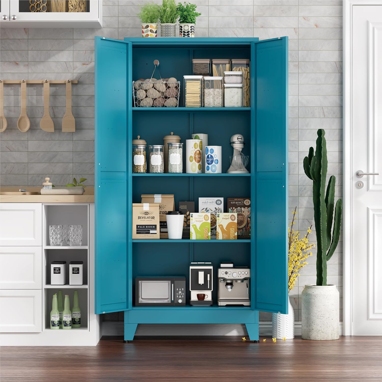 Farmhouse Pantry Cabinet with Barn Doors,61' H x 27.5' W,Metal Cabinet with Adjustable Shelves,4-Tier Storage Cabinet for Kitchen Dining Room Garage,Blue 1 Pack