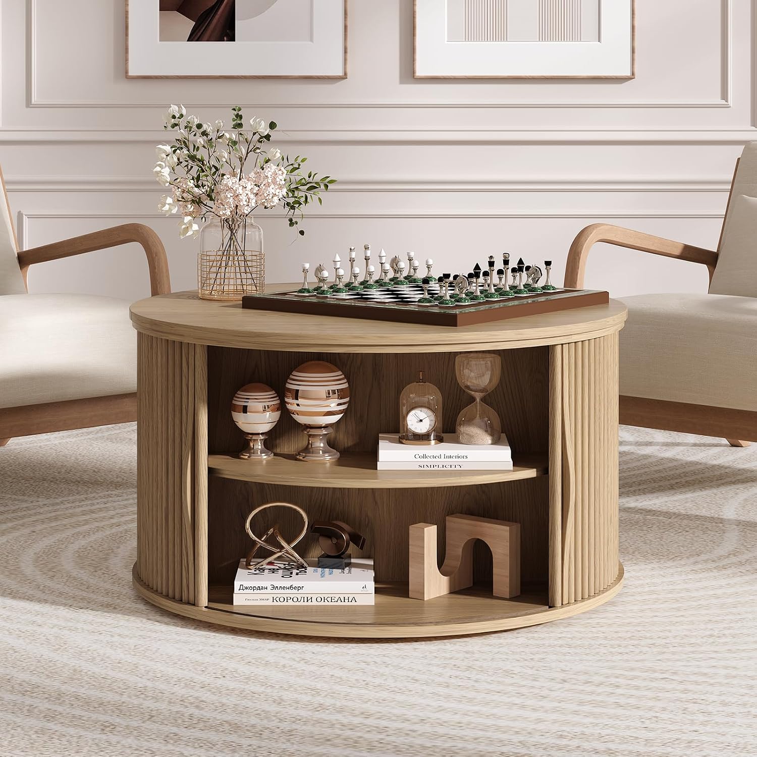 Round Lift Top Coffee Table, 31.5' Mid Century Modern Center Table with Hidden Storage, Fluted Circle Coffee Tables for Living Room, Home Office, Oak