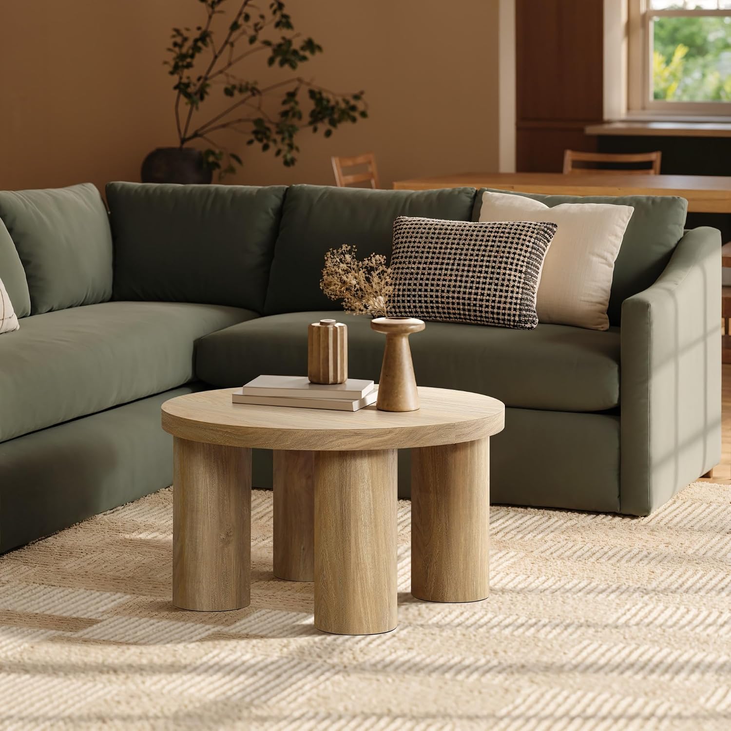 LuxenHome Round Coffee Table with 4 Pillar Legs, 27.5'' Wide Accent Center Table, Modern Farmhouse Oak Finish Wooden Low Cocktail Tea End Table with Sturdy Base for Living Room Home Office
