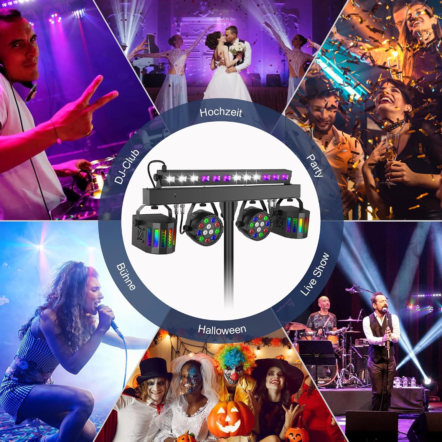 Telbum DJ Lights Stand for Parties - Professional 5in1 LED DJ Lighting System with Stand, DMX512, Sound Activated Stage Lights Package for Wedding Live Band Disco Club Gig Bar Booth Show Events