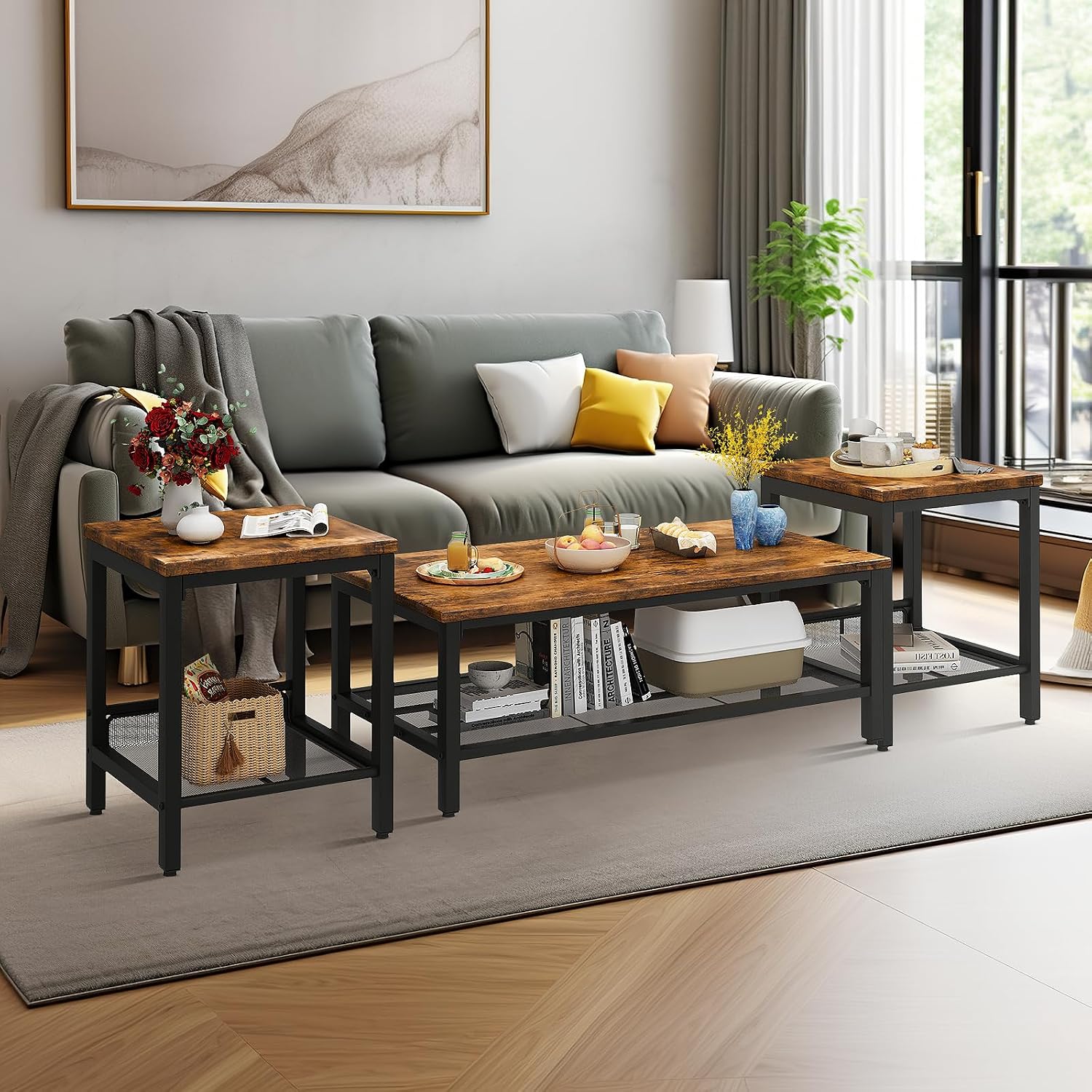 DKLGG Coffee Table Set of 3, Vintage Wood Coffee Table & 2 End Tables, Square Tabletop Modern Industrial Living Room 3-Piece Set for Apartment Home Office, Rustic Brown