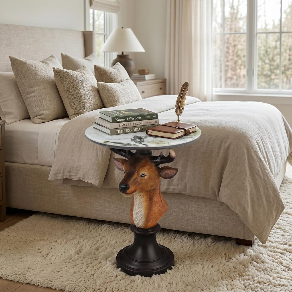 Deer Head Sculptural Accent Table for Living Room & Entryway, 19.69' D x 25.59' H, Resin Animal End Table, Waterproof Outdoor Decor, Unique Gift for Housewarming