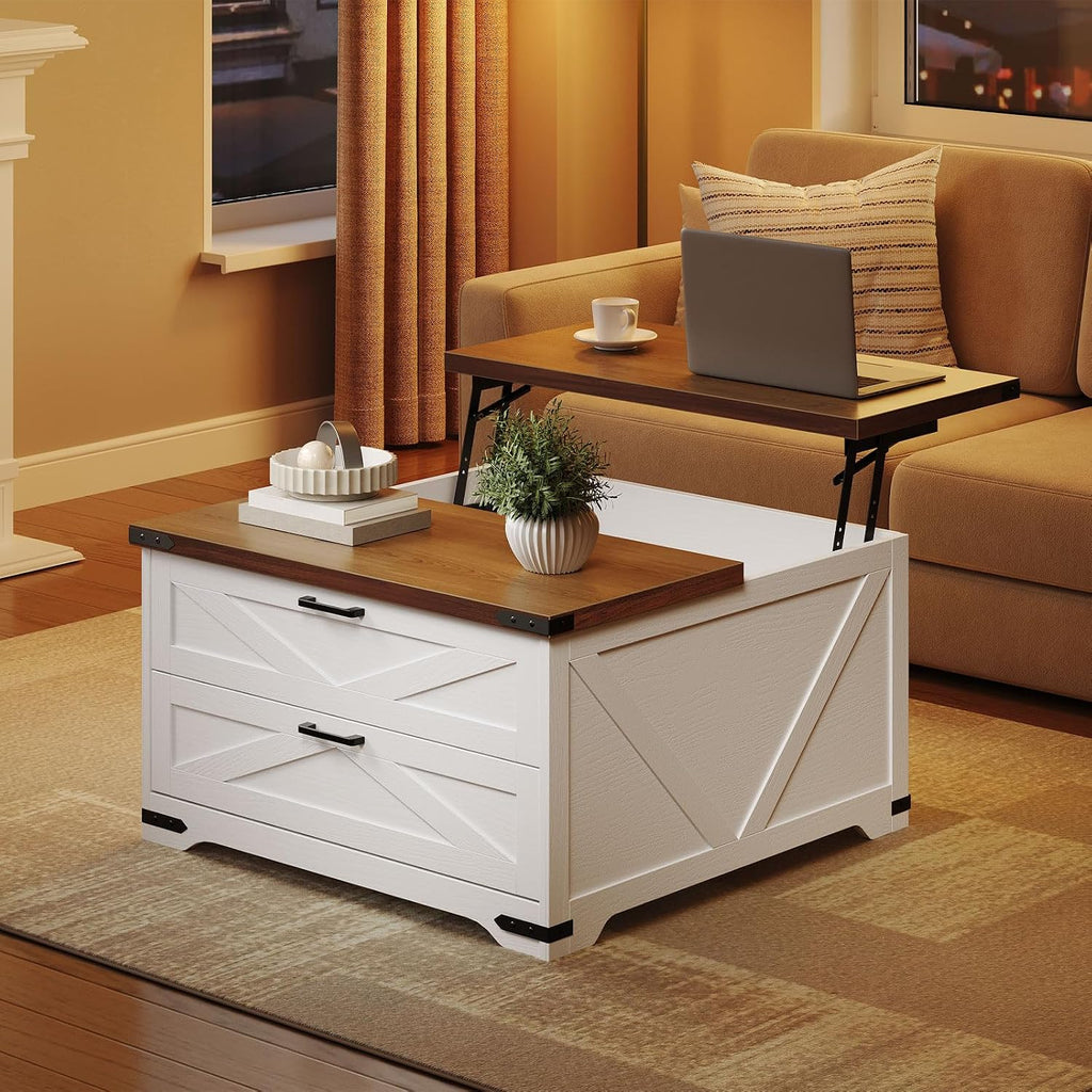 HOOBRO Lift Top Coffee Table with Storage, 31.5' Large Square Coffee Table with 2 Drawers, Large Hidden Space, White Farmhouse Center Table for Living Room, Home Office, White and Walnut WH45KF01