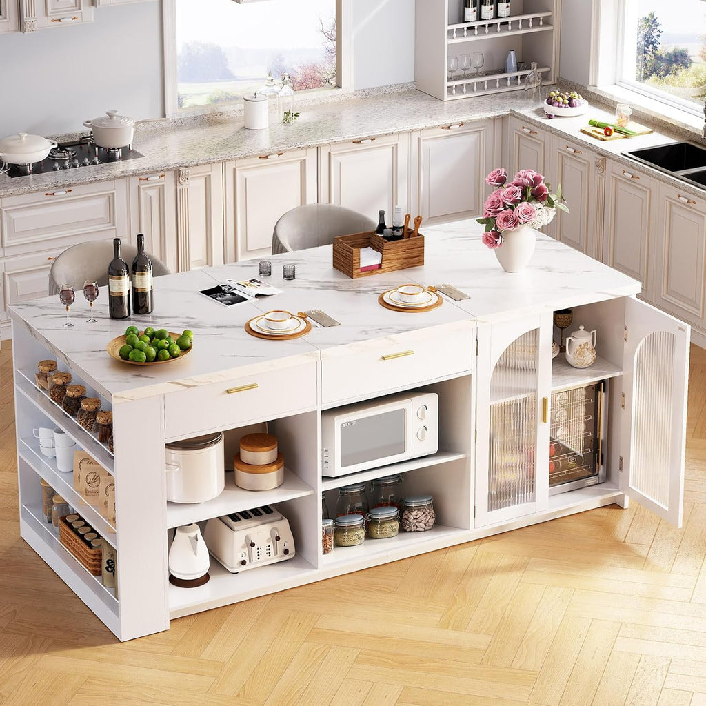 IBF 71' Large Kitchen Island with Storage, White Faux Marble Island table with Seating for 4-6, Stationary Island Cabinet with Drawers & Fridge Space, Modern Wood Counter Height Island Bar, Only Table
