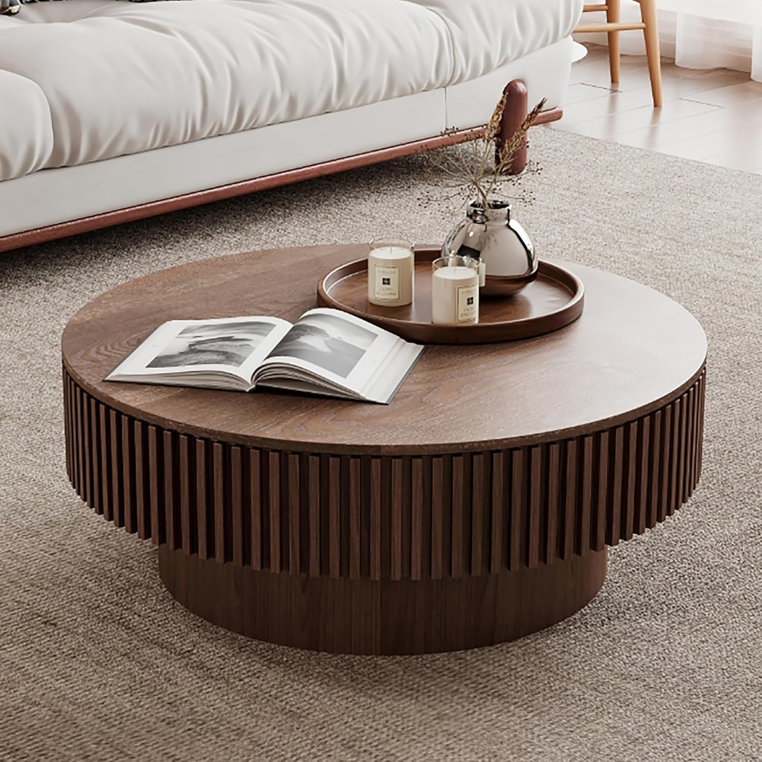 Round Coffee Table with Storage, Modern Handcraft Drum Coffee Table Wood Circle Center Table for Living Room Apartment, 31.49' Walnut