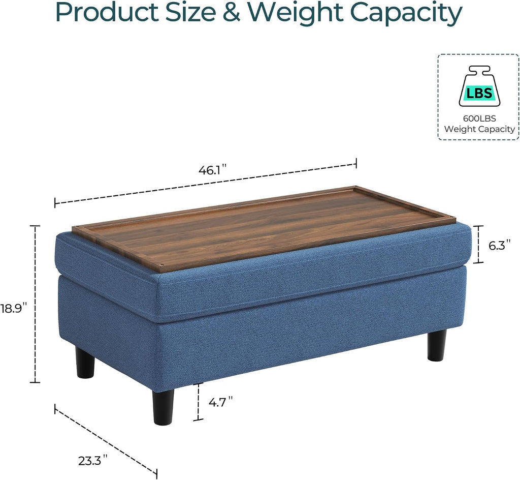 LINSY HOME 46 Inches Wide Storage Ottoman Bench, Linen Coffee Table Long Shoes Bench Footstool, Storage Chest, Foot Rest Stool, for The Living Room, Entryway and Family Room (Blue)