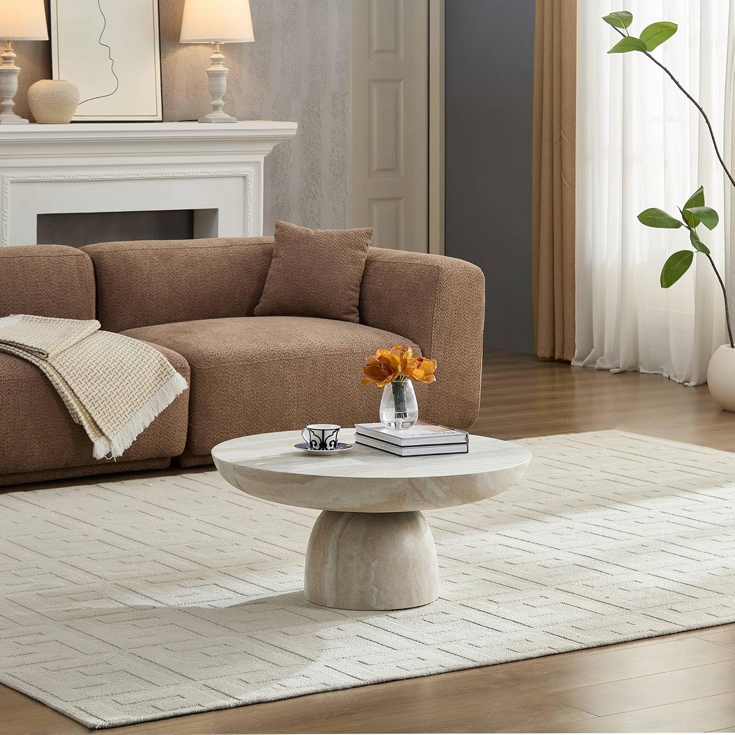 31.5' Round Coffee Table with Round Pedestal, Fiberglass Faux Marble Tabletop for Living Room, Modern Circle Center Table Tea Table for Apartment, Office, Beige Mars Pattern