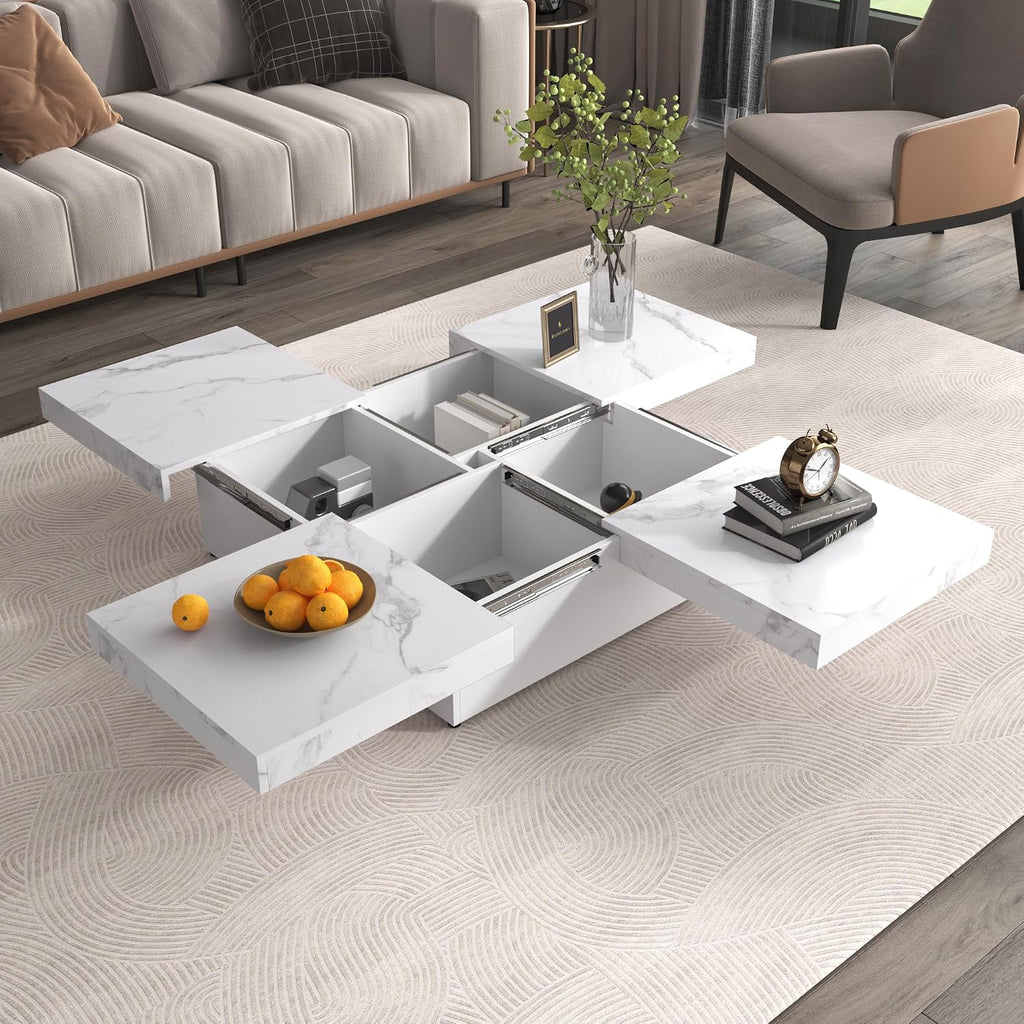 Merax Coffee Table, Modern Extendable Coffee Table with 4 Hidden Storage Compartments, UV High-Gloss Square Center Cocktail Table with Sliding Tabletop for Living Room, 39.4'x 39.4' (White)