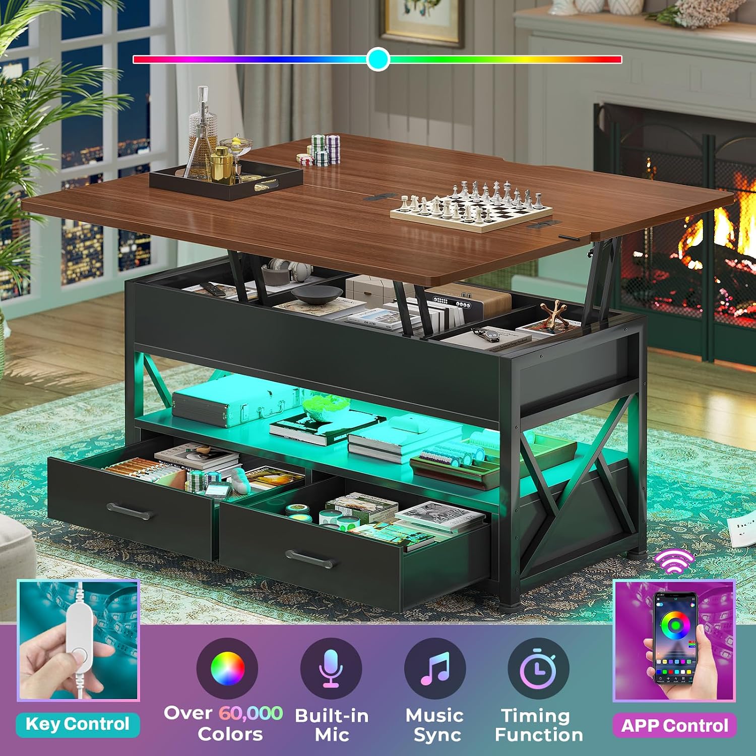 Itaar 40' Lift Top Coffee Table, 4 in 1 White Coffee Tables with Storage for Living Room, Small Coffee Table with 2 Drawers & LED Light for Dining Room, Black+Brown