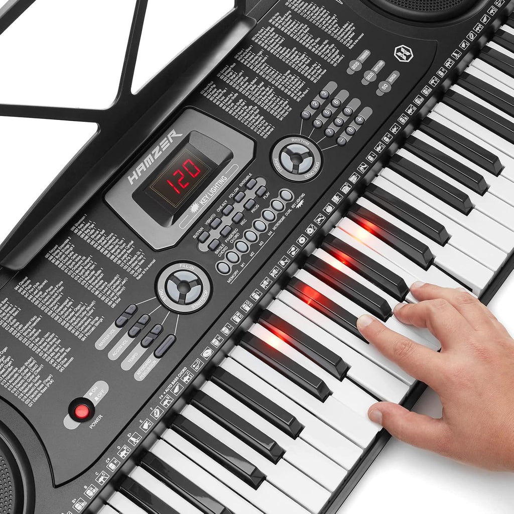Hamzer 61 Key Keyboard Piano with Lighted Keys, Beginner Electronic Piano Keyboard Set with Stand, Bench, Headphones, Microphone, Keynote Stickers
