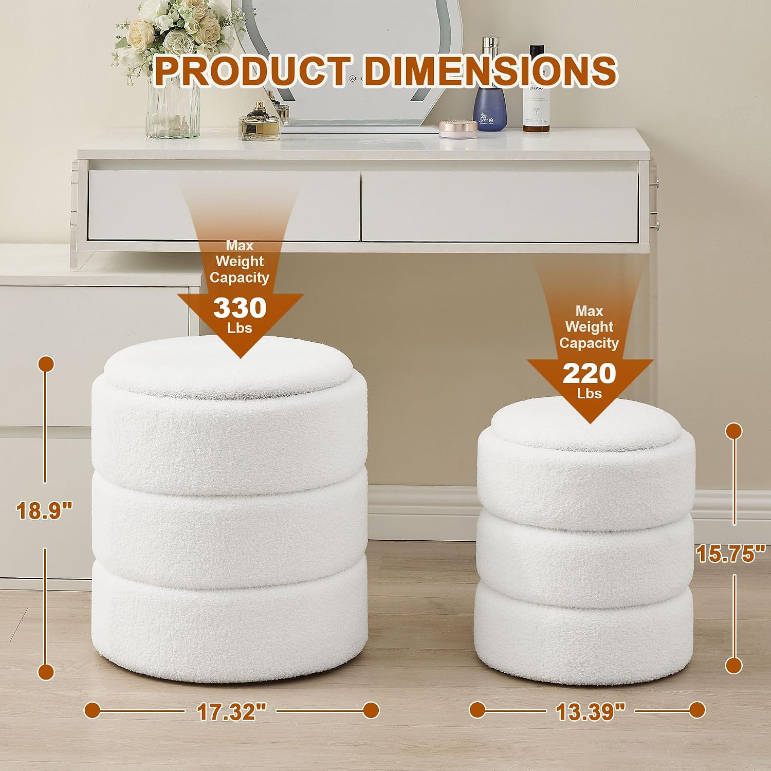 oakvivo Round Ottoman with Storage Set of 2, Soft Teddy Velvet Upholstered Foot Stool Vanity Chairs, Support 330lbs Padded Seat Multifunctional Ottomans Footrest, Foot Rest for Living Room, White