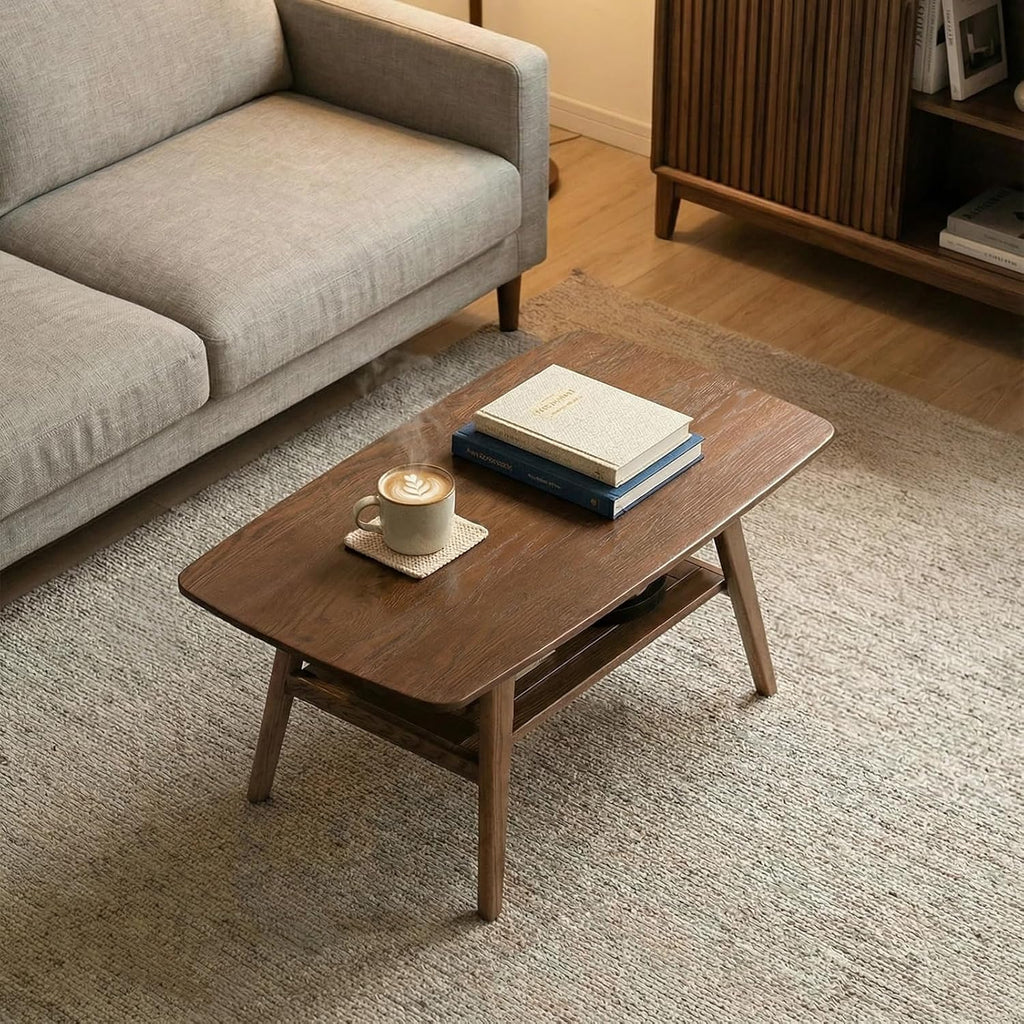 Mid Century Modern Coffee Table: 100% Solid Wood Coffee Table - 2-Tier Storage Design - Space Saving Small Coffee Tables for Living Room, Apartment (Walnut, 31.49')