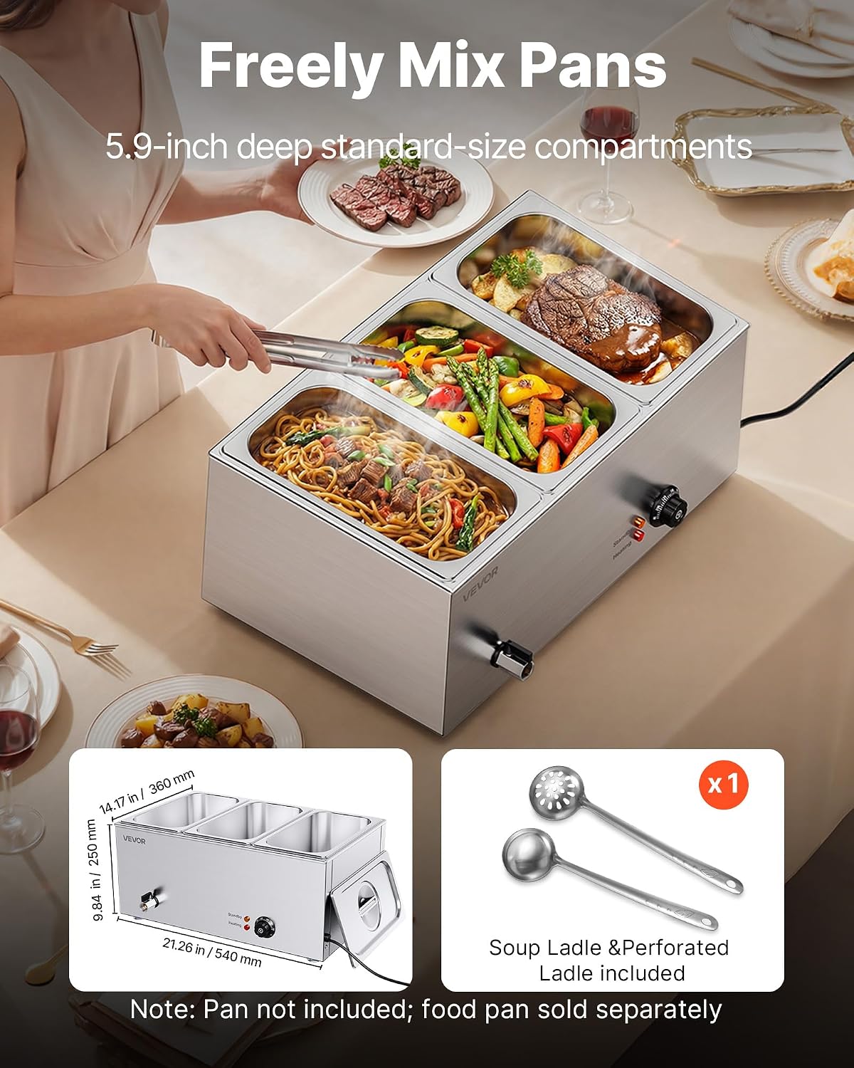 VEVOR 3-Pan Commercial Food Warmer, 24QT Electric Steam Table, 1200W Professional Countertop Stainless Steel Buffet Bain Marie with 86-185°F Temp Control for Catering and Restaurants, Silver