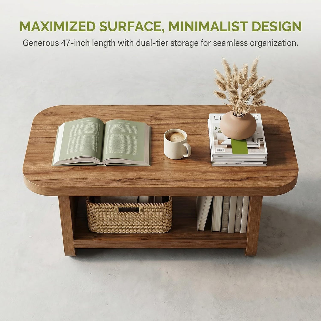 LITTLE TREE Wooden Coffee Table, 47.2' Center Table with Storage, Modern Farmhouse Rectangle Living Room Tables with Rounded Corners for Living Room, Bedroom, Kids Room, Home Office, Brown