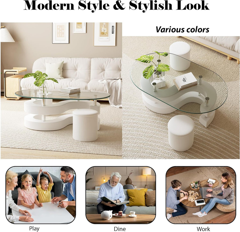 Oval Glass Coffee Table Set of 3, 0.39' Tempered Glass Top and S Shape Base, Modern Center Table with 2 Leather Stools, Accent Coffee Tables for Living Room Bedroom, White, 49.21'L x 27.56'W x 17.72'H