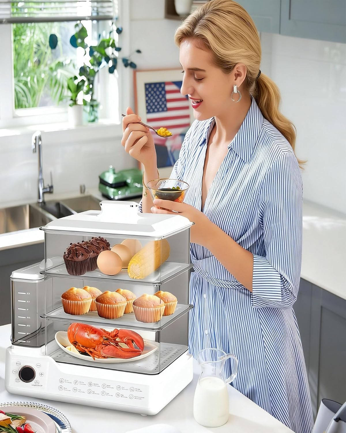 24L Electric Food Steamer, 3-Tier Stainless Steel Steam Cooker with 12 Preset Modes, Detachable Water Tank, 24H Delay Start, Auto Shut-Off & Keep Warm for Vegetables, Fish and Eggs