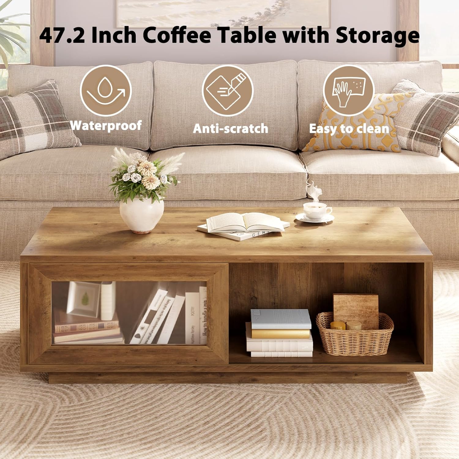 HSH Rustic Coffee Table for Living Room, 47 Inch Modern Wood Rectangle Coffee Tables with Sliding Door and Storage Open Shelf, Large Low Center Table for Home Decor, Rustic Oak