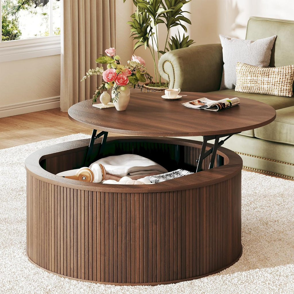 HUAHUU Round Coffee Table with Storage, 31.5' Lift Top Coffee Table, Mid Century Modern Coffee Tables for Living Room, Apartment Office, Fluted Table with Rustic Wood Desktop, Walnut