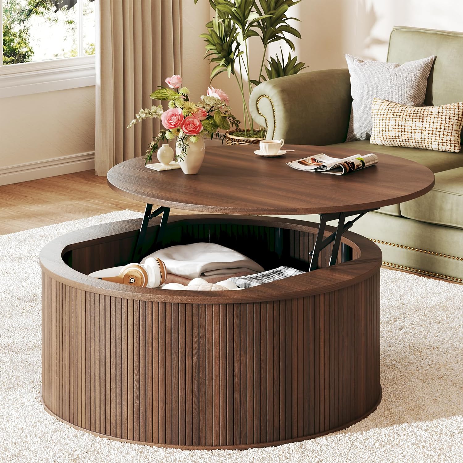 HUAHUU Round Coffee Table with Storage, 31.5' Lift Top Coffee Table, Mid Century Modern Coffee Tables for Living Room, Apartment Office, Fluted Table with Rustic Wood Desktop, Walnut