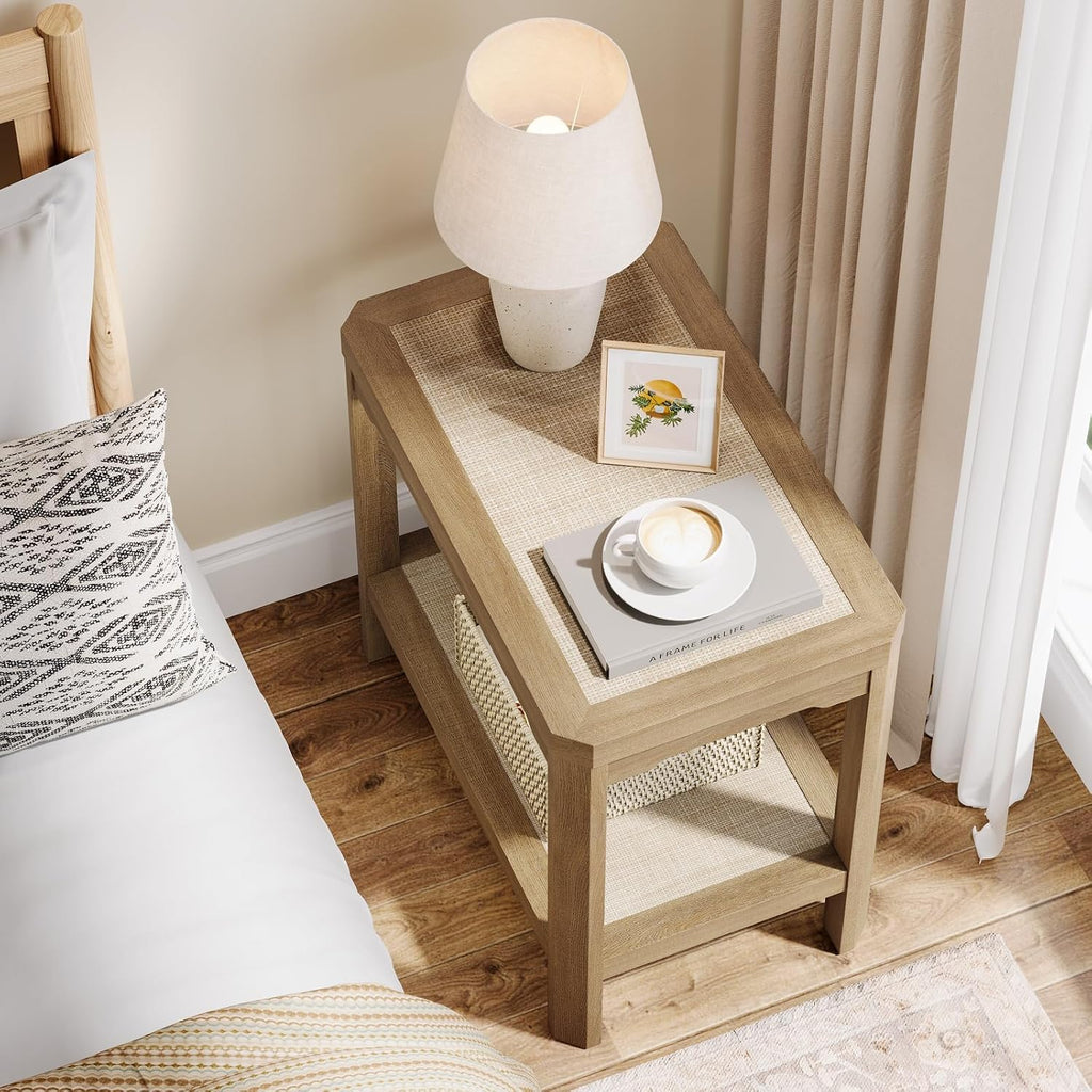 Eclatara Rattan Nightstands - Farmhouse 2 Tier End Table for Bedroom - Accent Polygon Side Table for Small Space Narrow Coffee Table Bamboo, Oak