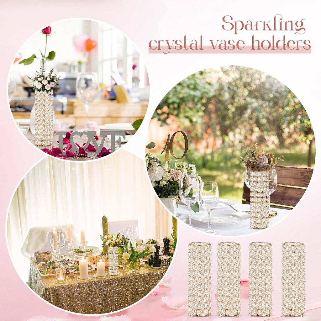 Dandat 16 Pcs Crystal Flower Vase and Pillar Candle Holder Set 10.24 Inch Wedding Cylinder Flower Vases Stand Table Centerpieces Candle Holders for Table Room Home Wedding Party Events Decor(Gold)